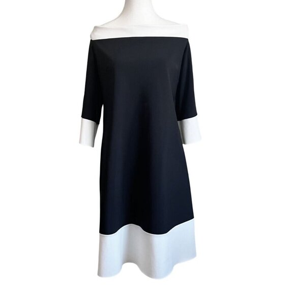 CHIARA BONI LA PETITE ROBE BLACK WHITE BOAT NECK COLORBLOCK A-LINE DRESS - 16 - Picture 1 of 10